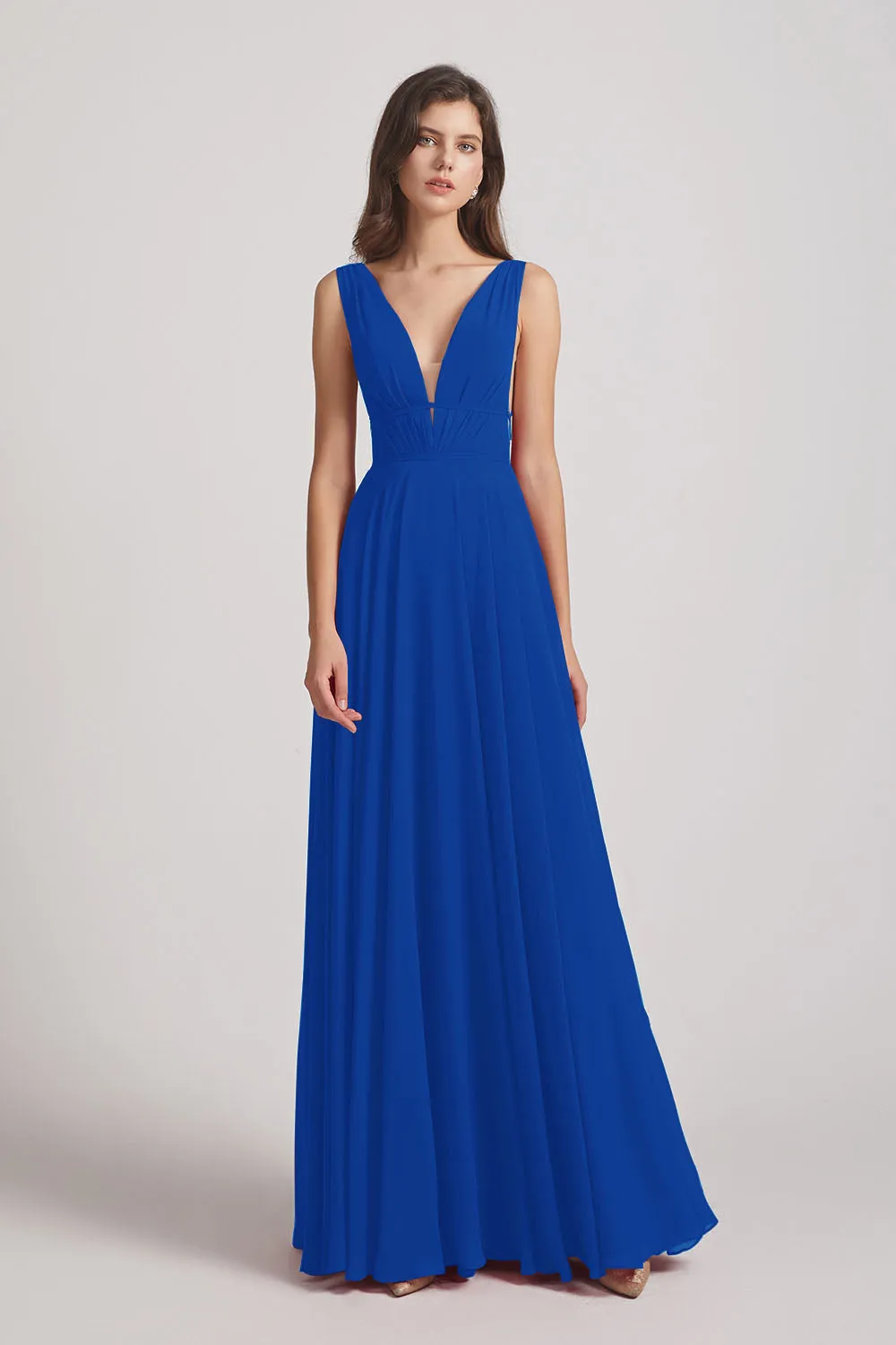 Wide Straps Double V-Neck Crinkle Chiffon Bridesmaid Dresses (AF0092)