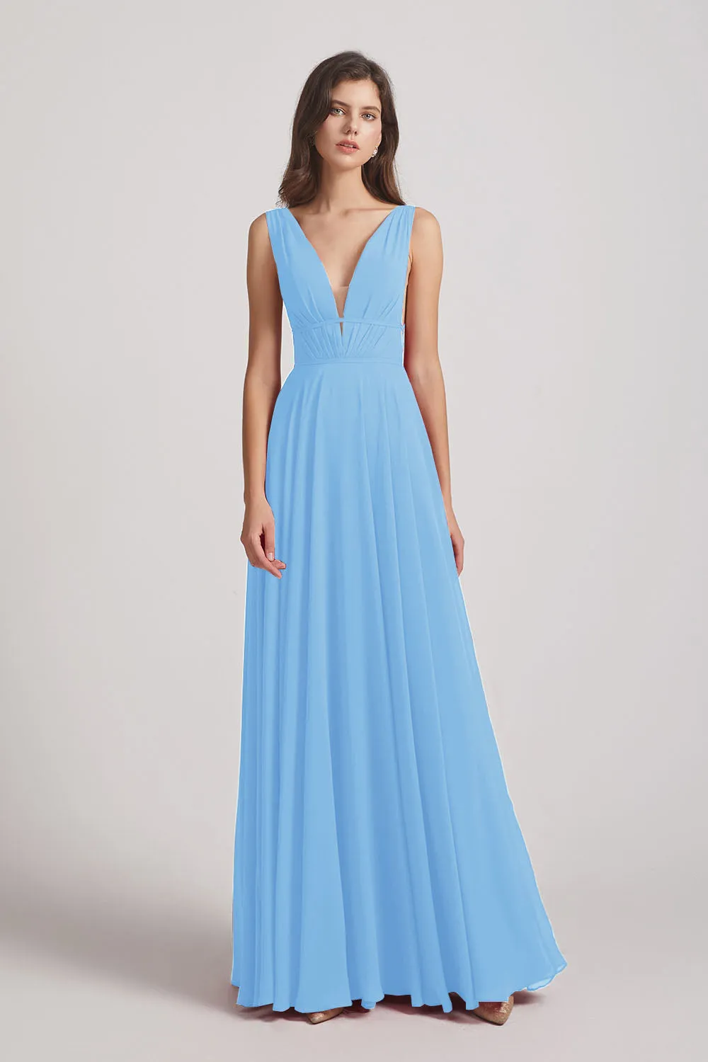 Wide Straps Double V-Neck Crinkle Chiffon Bridesmaid Dresses (AF0092)