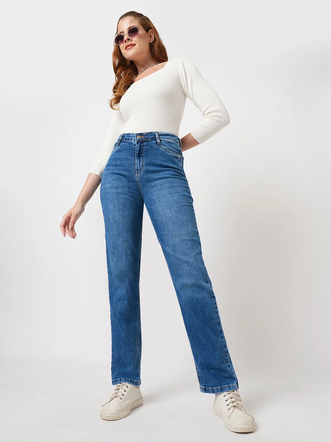 Women Blue High-Rise Relaxed Straight Fit Jeans