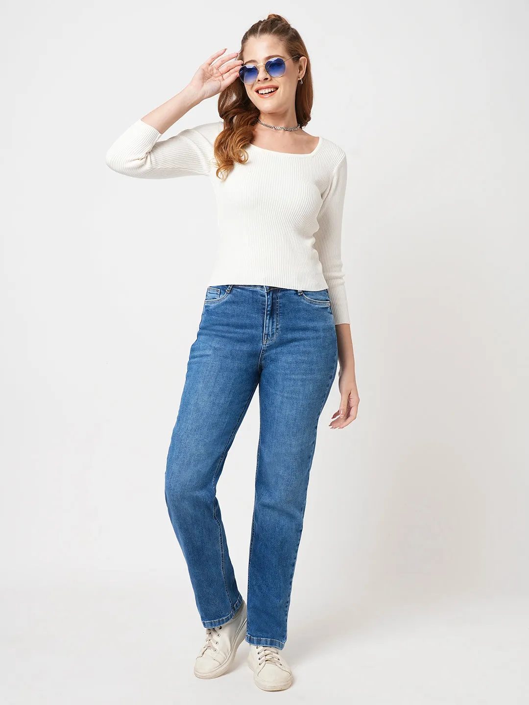 Women Blue High-Rise Relaxed Straight Fit Jeans