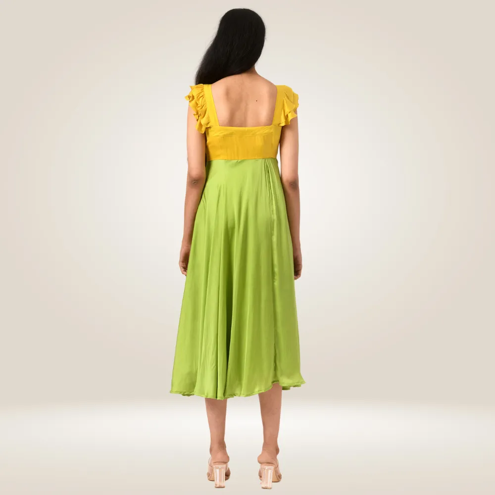 Yellow-Green Umbrella Colour Block Dress | Modal Silk | Stylish & Suave