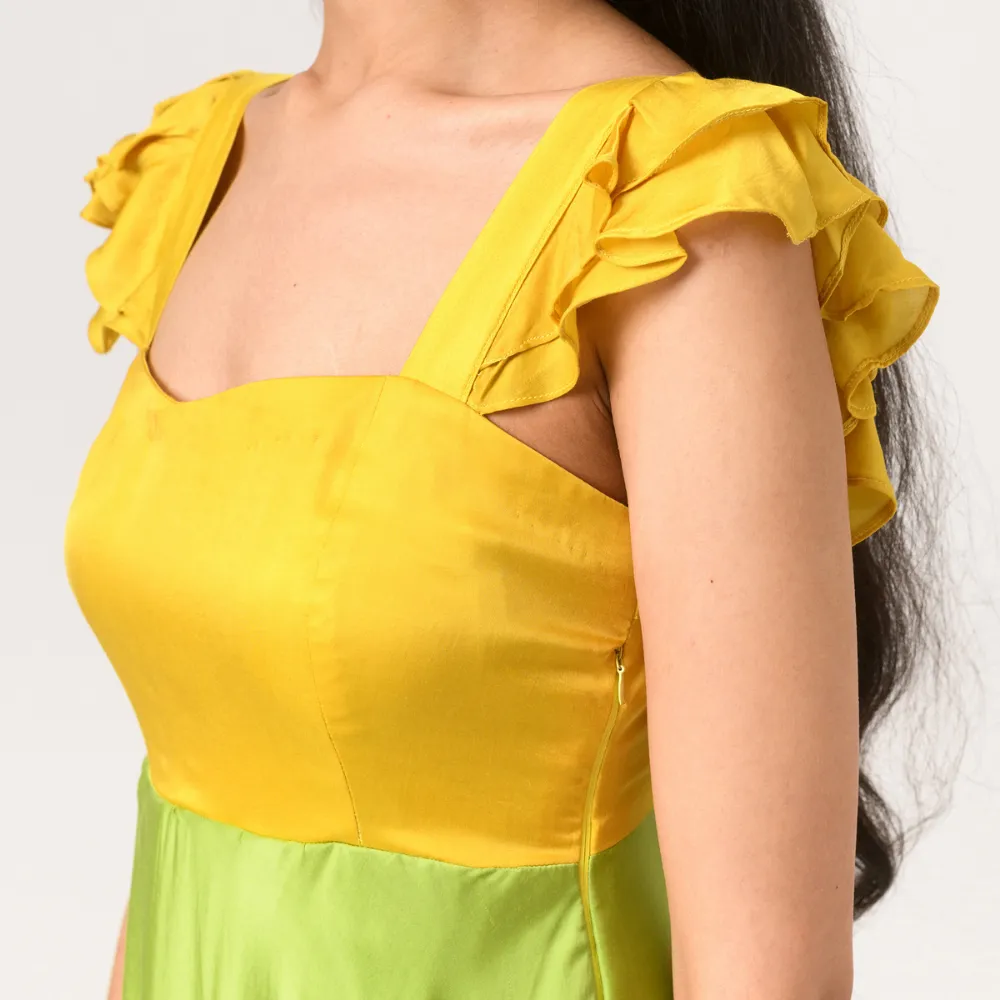 Yellow-Green Umbrella Colour Block Dress | Modal Silk | Stylish & Suave
