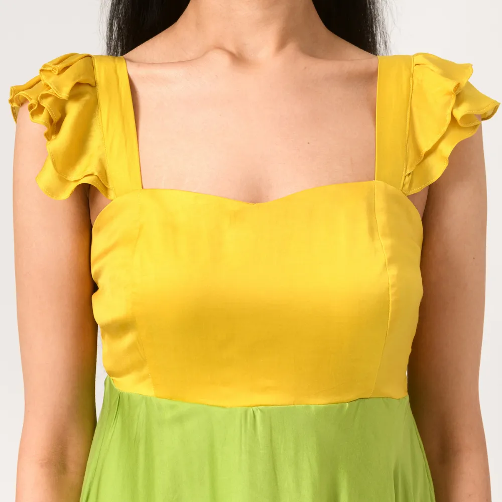 Yellow-Green Umbrella Colour Block Dress | Modal Silk | Stylish & Suave
