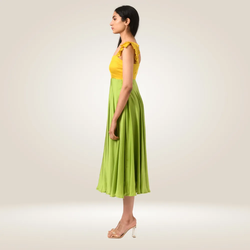 Yellow-Green Umbrella Colour Block Dress | Modal Silk | Stylish & Suave