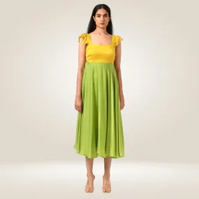 Yellow-Green Umbrella Colour Block Dress | Modal Silk | Stylish & Suave