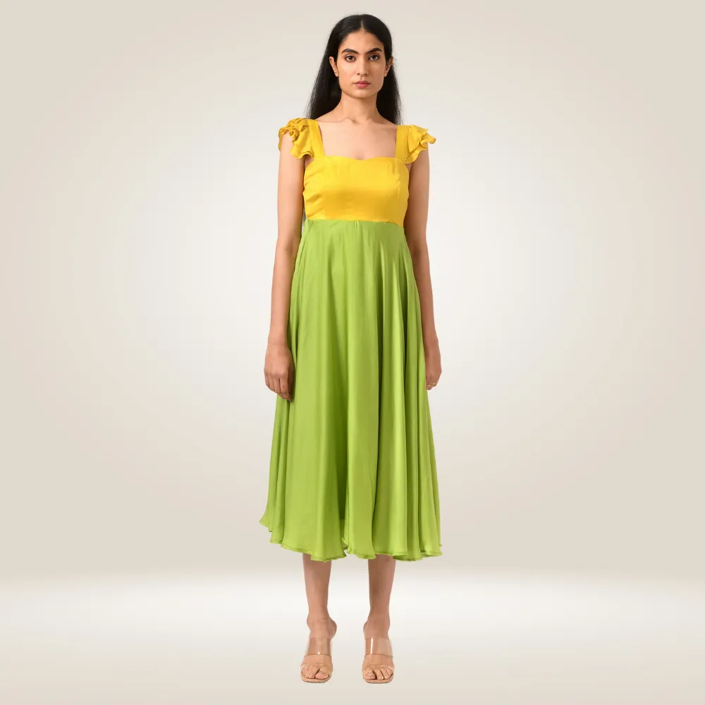 Yellow-Green Umbrella Colour Block Dress | Modal Silk | Stylish & Suave