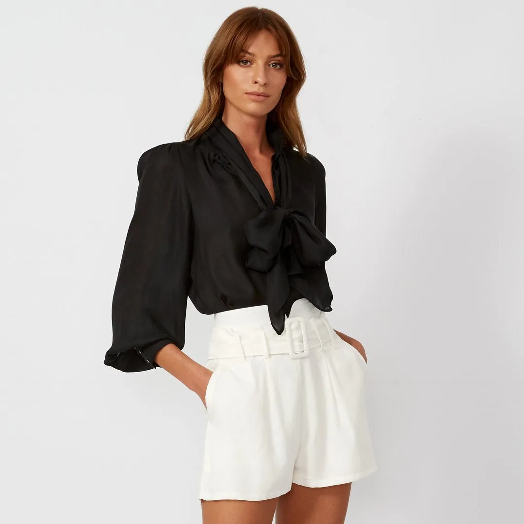 ZENOBIA Womens Black High Neck Lantern Sleeve Blouse - Elegant Fashion Top for Any Occasion