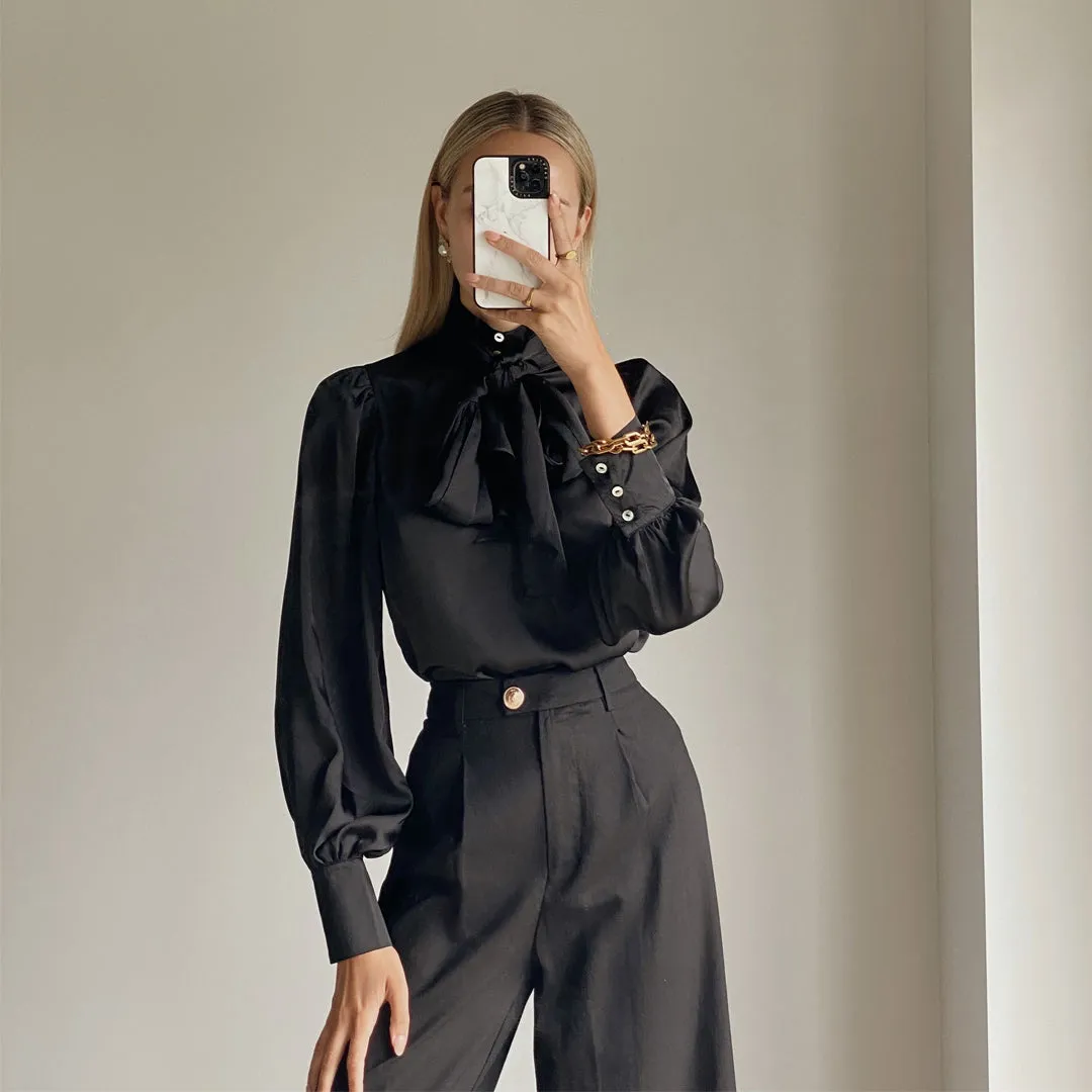 ZENOBIA Womens Black High Neck Lantern Sleeve Blouse - Elegant Fashion Top for Any Occasion